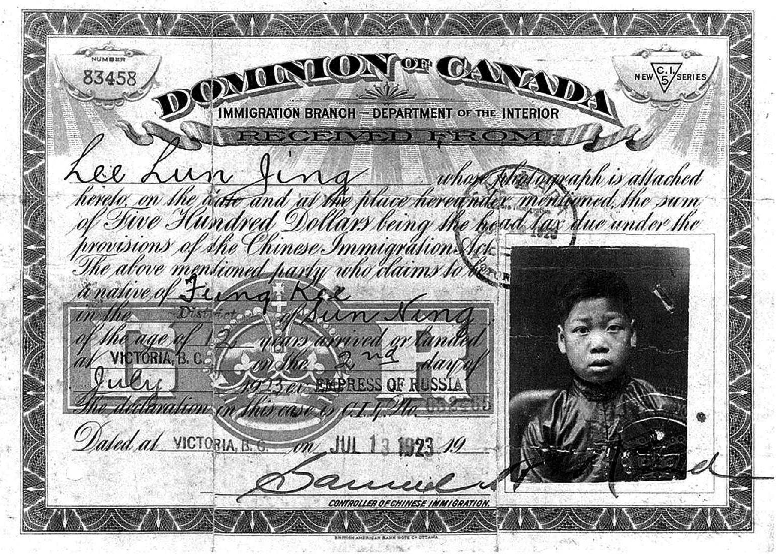 1923年加拿大华人身份证明(人头税证明)